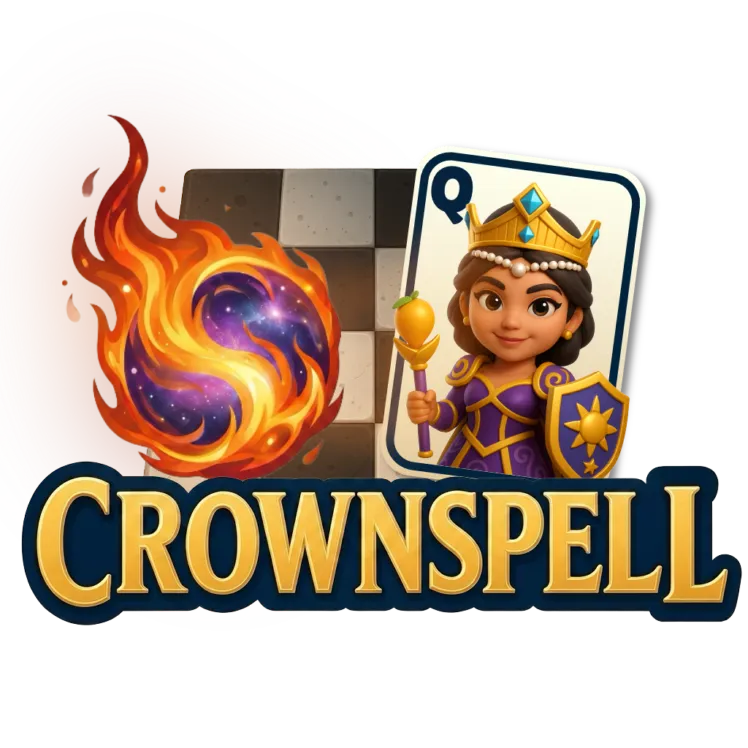 Crownspell: a blazing spell orb and the Queen's card above the word CROWNSPELL