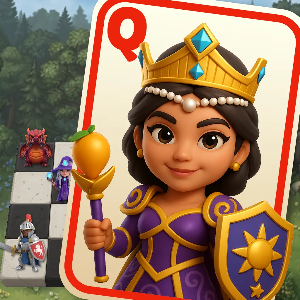 The Queen of Crownspell on a royal playing card, scepter and shield in hand